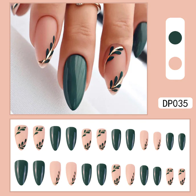 Small Fresh Dark Green Fake Nail Patch Set - Wearable