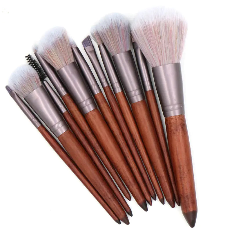 Violet Makeup Brush Set with Wooden Handle (Coffee Color)