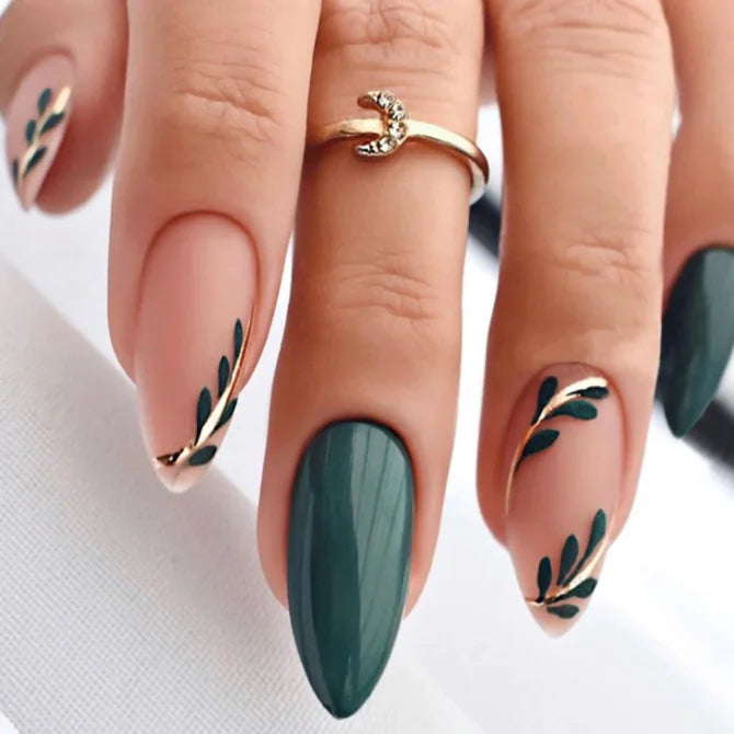 Small Fresh Dark Green Fake Nail Patch Set - Wearable