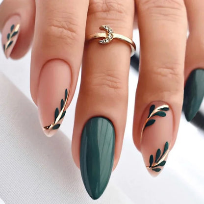 Small Fresh Dark Green Fake Nail Patch Set - Wearable