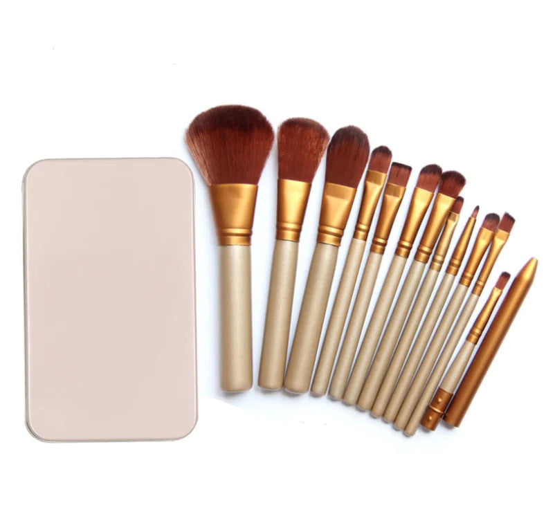 Printed Makeup Brush Set in Iron Box, 12 Pieces